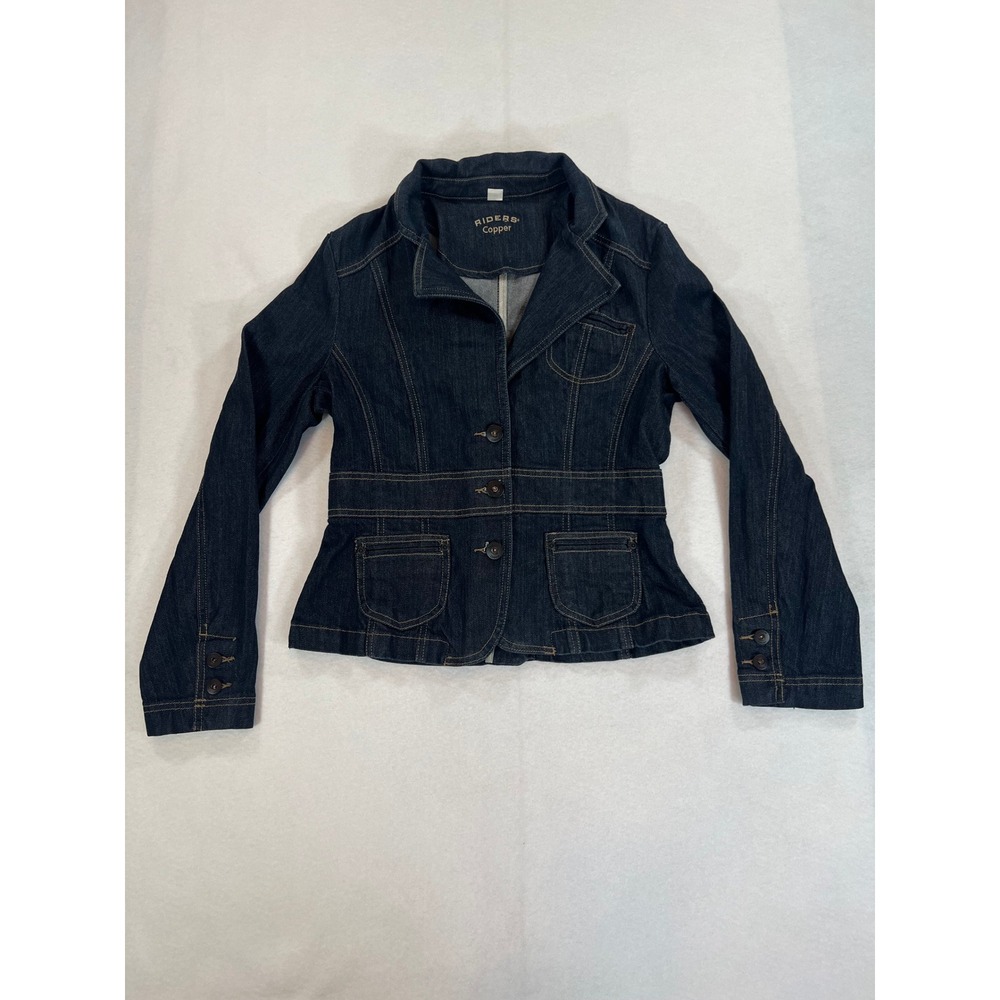 Riders Copper Dark Wash Denim Blazer Jacket Y2K Peplum Retro Dark Indigo 2000s